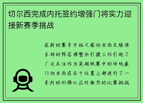 切尔西完成内托签约增强门将实力迎接新赛季挑战